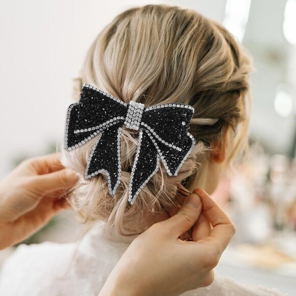 Pearl Fabric Crystal Hair Clips 2pcs Black Bows Kids Girls Gift